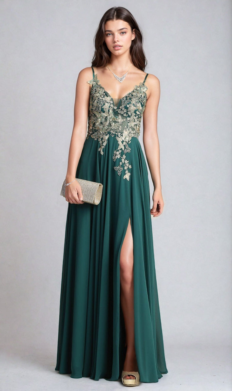 Woman wearing the Lace-Up Open-Back Long Prom Dress: Chicas C5124, featuring gold floral embroidery, holding a gold clutch against a plain light background.